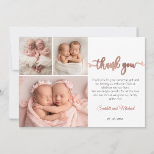 Rose Gold Schrift Zwillinge Babys 3 Foto Collage Dankeskarte