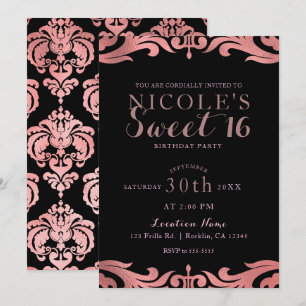 Rose Gold Schwarz Damast Chic Elegant Sweet 16 Par Einladung