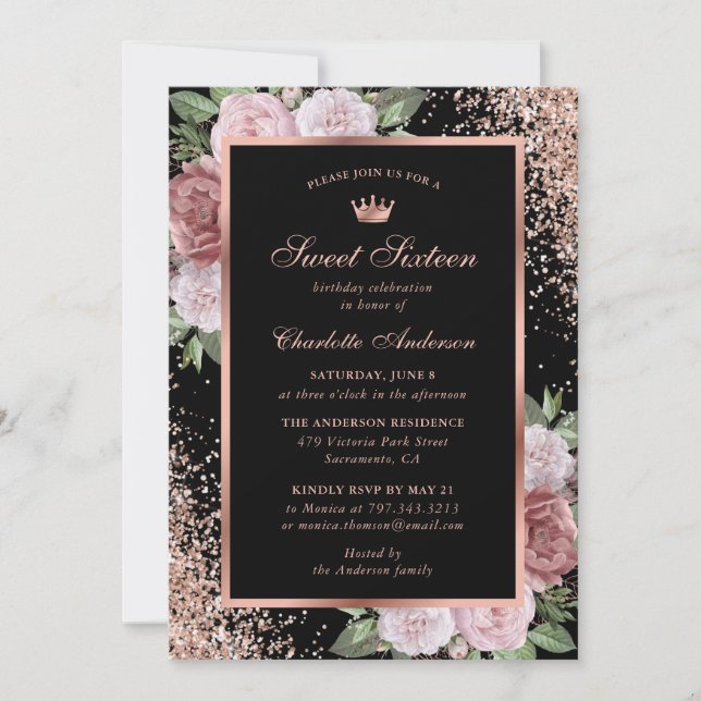 Rose Gold Schwarz Rosa Blütensüß 16 Geburtstag Einladung (Vorderseite)