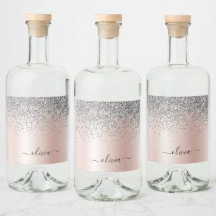 Rose Gold - Schwarz Rosa Silber Glitzer Monogramm Alkoholflaschenetikett