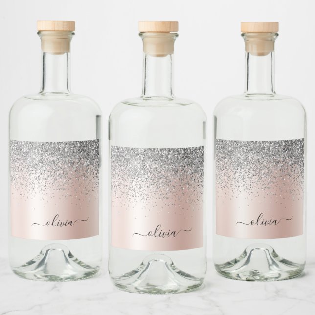 Rose Gold - Schwarz Rosa Silber Glitzer Monogramm Alkoholflaschenetikett (Flaschen)