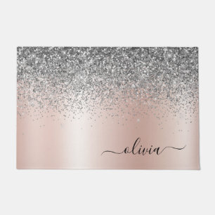 Rose Gold - Schwarz Rosa Silber Glitzer Monogramm Fußmatte