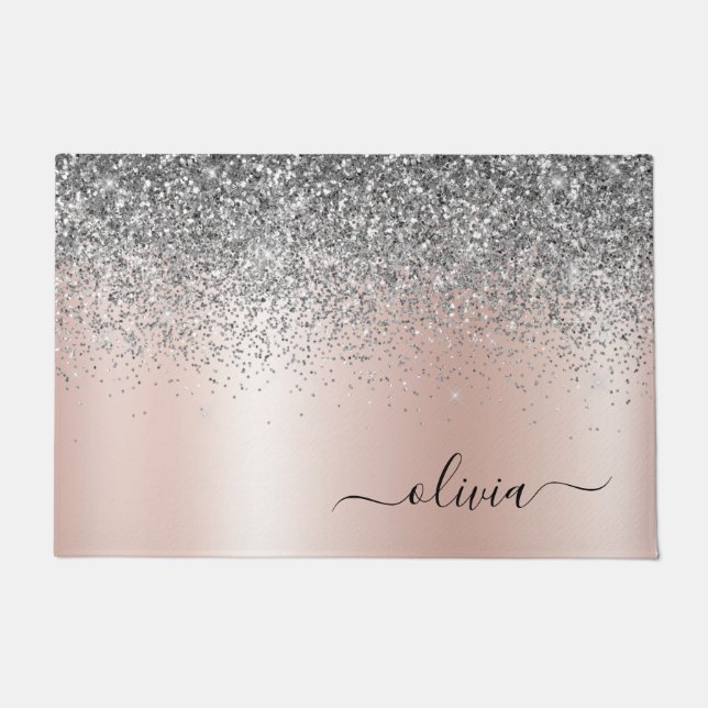 Rose Gold - Schwarz Rosa Silber Glitzer Monogramm Fußmatte (Vorderseite)