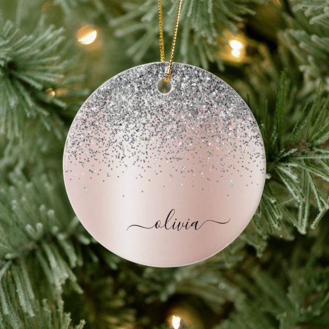 Rose Gold - Schwarz Rosa Silber Glitzer Monogramm Keramik Ornament (Baum)