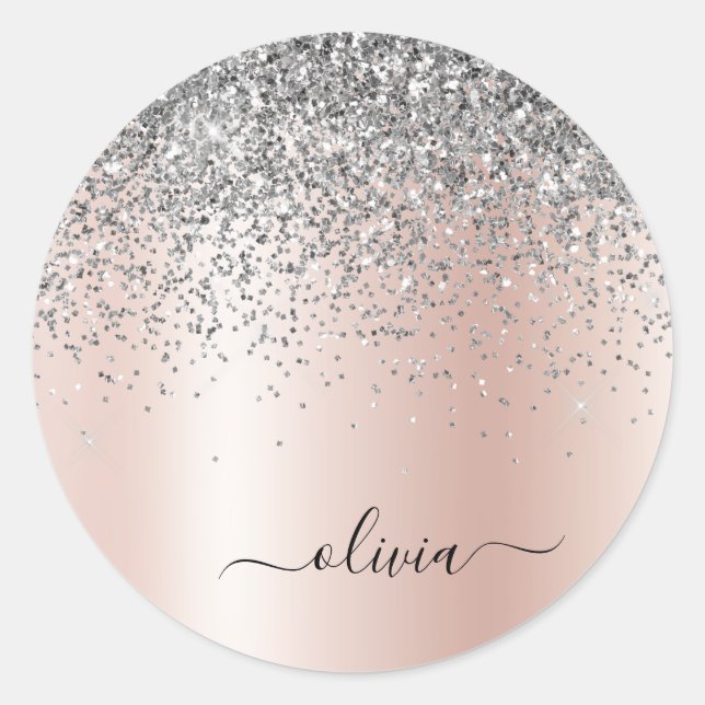Rose Gold - Schwarz Rosa Silber Glitzer Monogramm Runder Aufkleber (Vorderseite)