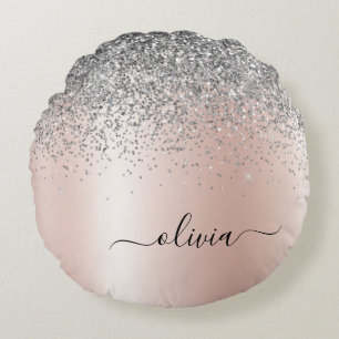 Rose Gold - Schwarz Rosa Silber Glitzer Monogramm Rundes Kissen