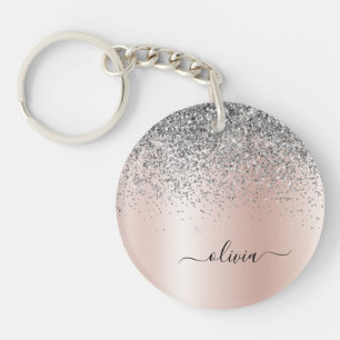 Rose Gold - Schwarz Rosa Silber Glitzer Monogramm Schlüsselanhänger