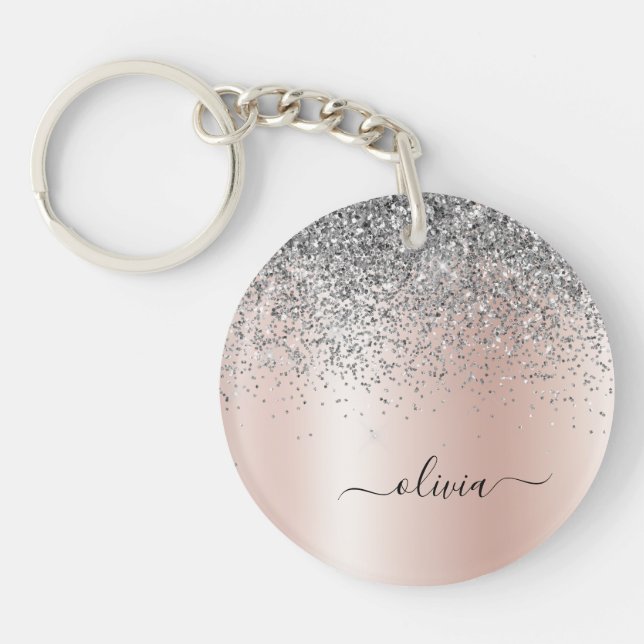 Rose Gold - Schwarz Rosa Silber Glitzer Monogramm Schlüsselanhänger (Vorderseite)
