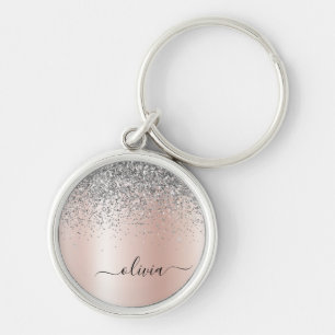 Rose Gold - Schwarz Rosa Silber Glitzer Monogramm Schlüsselanhänger