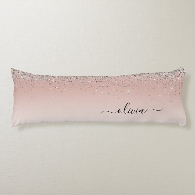 Rose Gold - Schwarz Rosa Silber Glitzer Monogramm Seitenschläferkissen (Vorderseite)