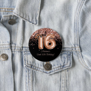 Rose Gold Schwarz Sweet 16. Geburtstagsfeier Button