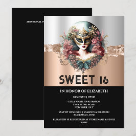 Rose Gold Schwarz Sweet 16 Girls Maskerade Maske Einladung