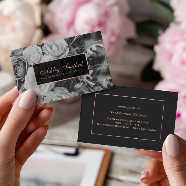 Rose Gold Schwarz-weiß Hochzeitsplaner Foto Visitenkarte (Rose gold black white wedding event planner photo business card)