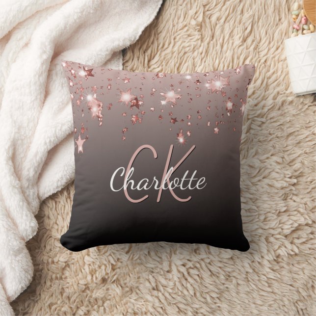 Rose Gold Schwarze Glitzer Sterne Sondername Monog Kissen (Decke)