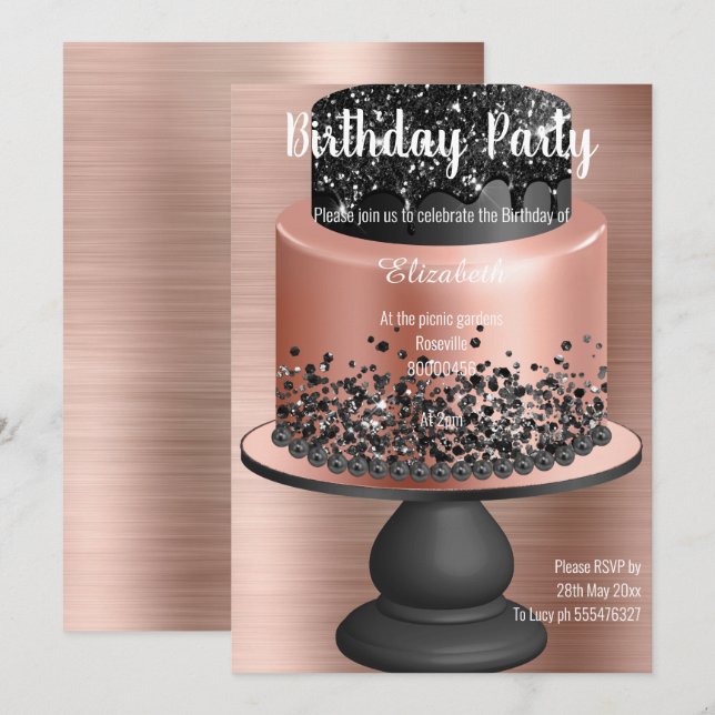 ROSE GOLD SCHWARZE KAKE GEBURTSTAGLICHE EINLADUNG  (Vorne/Hinten)