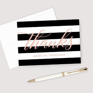 Rose Gold Script Black and White Stripes Wedding Dankeskarte