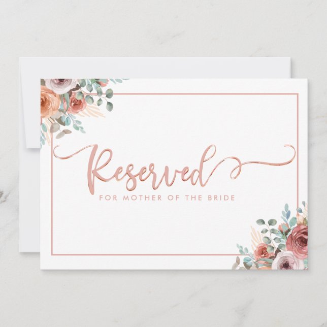 Rose Gold Script, Blumenreservierte Platzkarte Ankündigung (Vorderseite)