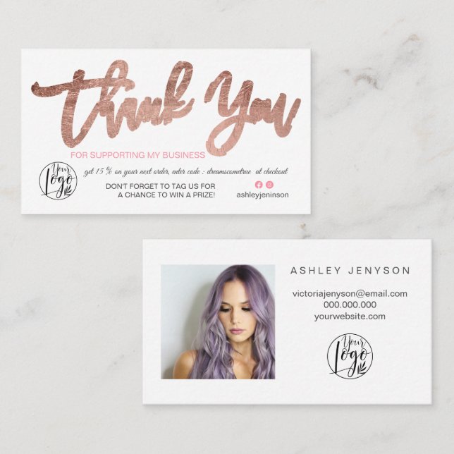 Rose Gold Script Foto Logo Bestellung Vielen Dank Visitenkarte (Vorne/Hinten)