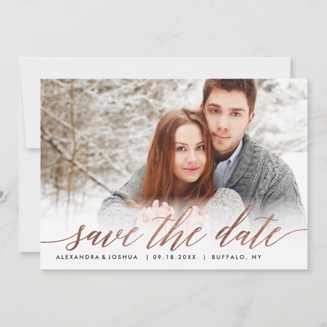 Rose Gold Script Foto Save the Date in Imitate Foi (Vorderseite)