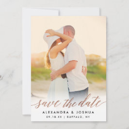 Rose Gold Script Foto Save the Date in Imitate Foi