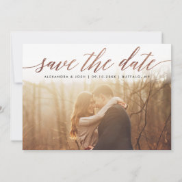 Rose Gold Script Foto Save the Date in Imitate Foi