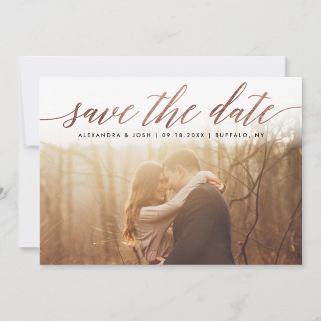 Rose Gold Script Foto Save the Date in Imitate Foi (Vorderseite)