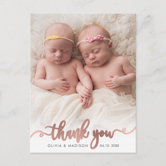 Rose Gold Script Girl Twins Baby Foto Vielen Dank Postkarte (Vorderseite)