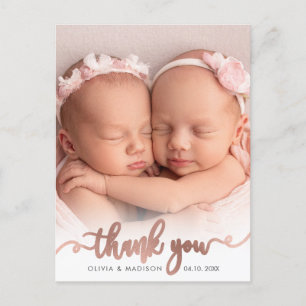 Rose Gold Script Girl Twins Baby Foto Vielen Dank Postkarte