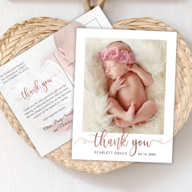Rose Gold Script Modern Baby Foto Vielen Dank Postkarte (Von Creator hochgeladen)