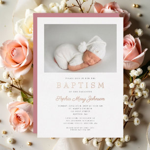 Rose Gold Script Moderne rosa Foto Girl Taufe Folieneinladung