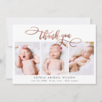 Rose Gold Script Nouveau-Né 3 Bébé Photo Merci