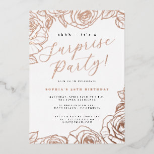 Rose Gold Script Rose Überraschung Party Folieneinladung