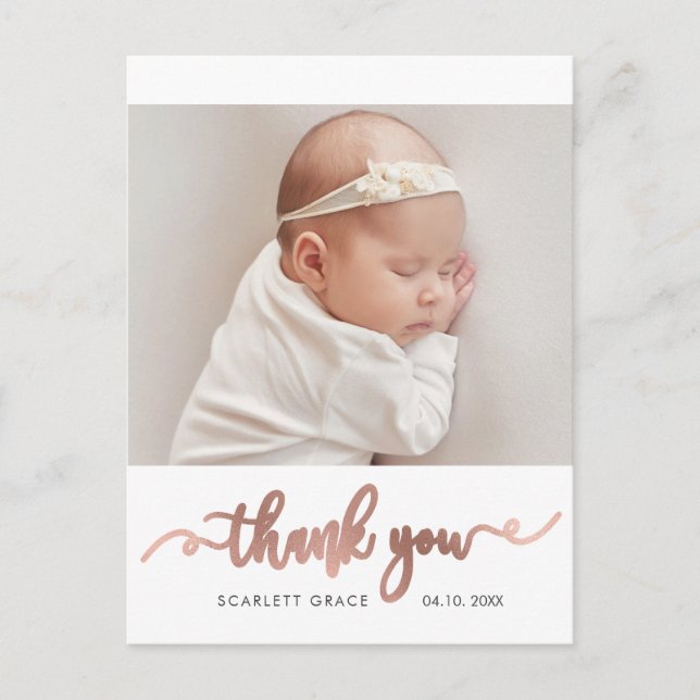 Rose Gold Script Simple Baby Foto Vielen Dank Postkarte (Vorderseite)