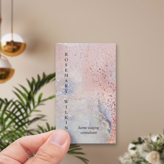 Rose Gold Seaglass Marmor Wasserfarbe Vertikal Visitenkarte (Simple vertical business card with rose gold and opal background)