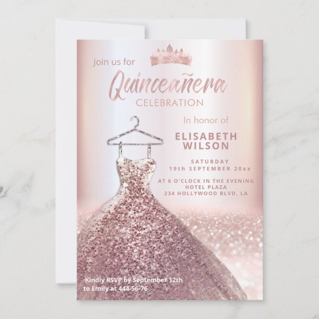 Rose Gold Sequenzen kleiden tiara Quinceañera Einladung (Vorderseite)