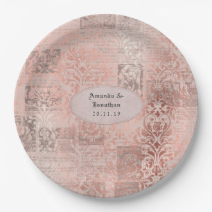 Rose Gold Shabby-Chic Damast Hochzeit Pappteller