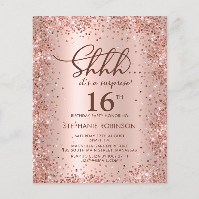 Rose Gold Shh Überraschung Sweet 16 Geburtstag Ein (Vorderseite)