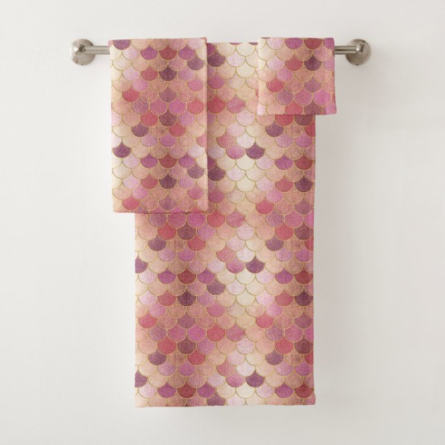 Rose Gold Shimmer Mermaid Scale Muster Badhandtuch Set (Insitu)