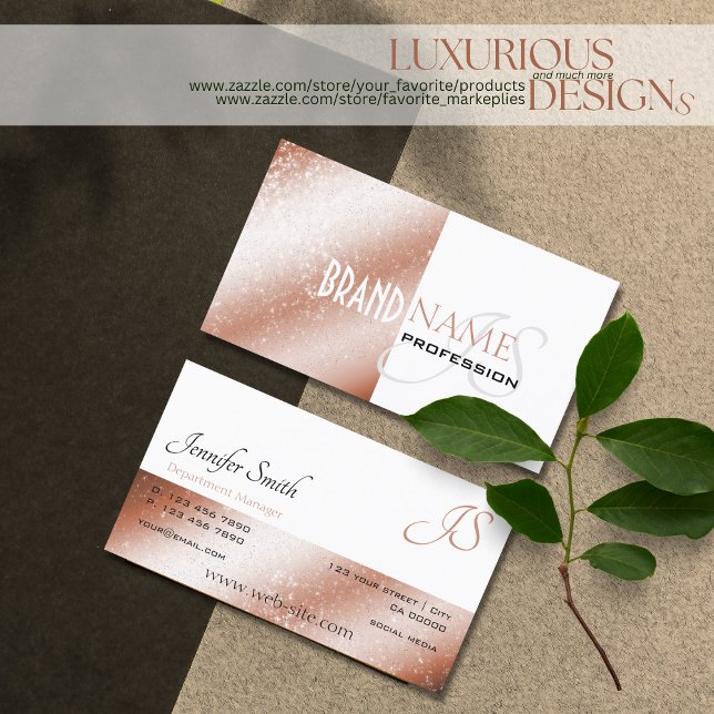 Rose Gold Shimmer White Glitzer Stars und Monogram Visitenkarte (Von Creator hochgeladen)