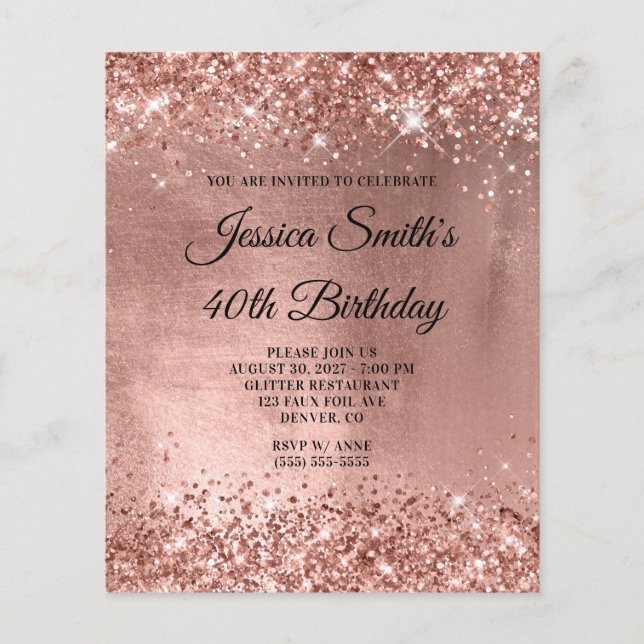 Rose Gold Shiny Glam 40. Geburtstag Einladung Flyer (Vorne)
