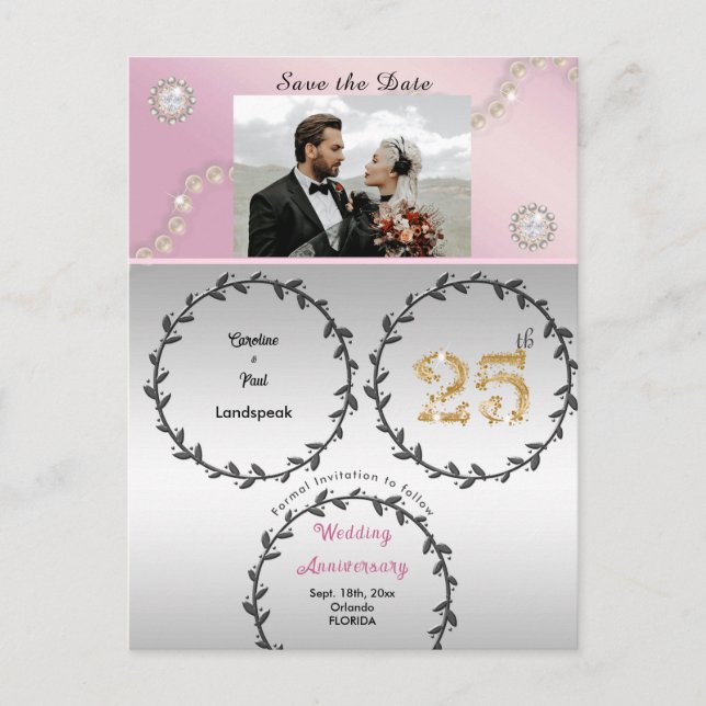 Rose Gold & Silber 25 Jahre Jubiläum Save the Date Postkarte (Vorderseite)