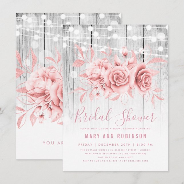 Rose Gold Silber Floral Brautparty Einladung (Vorne/Hinten)