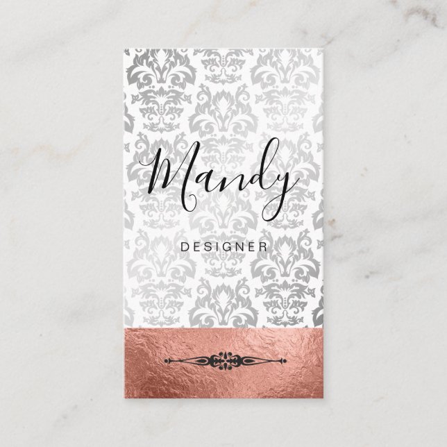 Rose Gold Silber Foil Silver Metallic Damask Visitenkarte (Vorderseite)