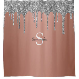 Rose Gold Silber Glittertropfen Glanz Monogramm Duschvorhang