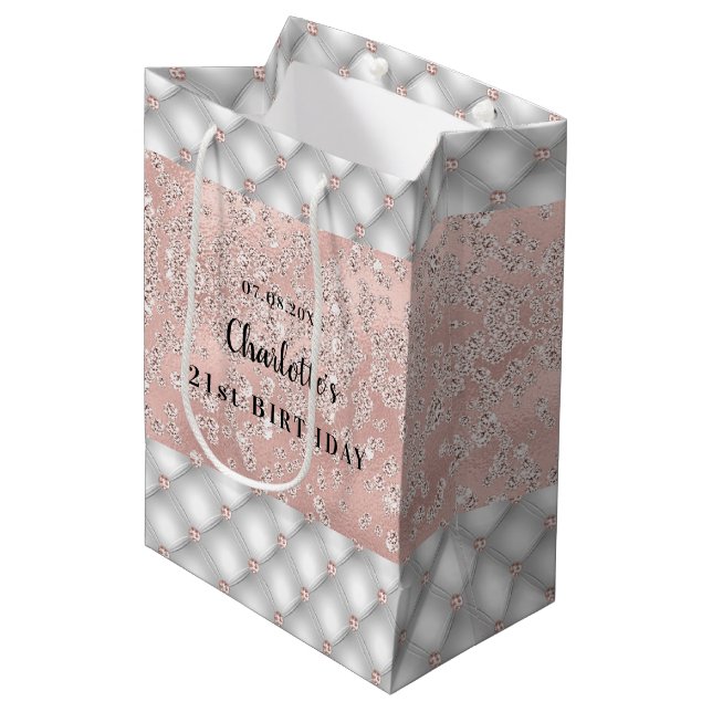 Rose Gold Silber Glitzer Luxus Mittlere Geschenktüte (Vorderseite Schrägansicht)