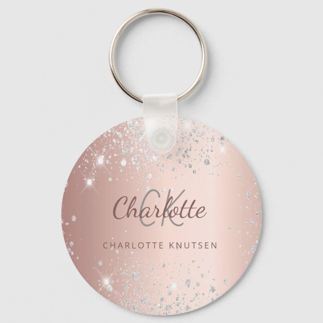 Rose Gold silber Glitzer Staubmonogramm Name Schlüsselanhänger (Vorderseite)