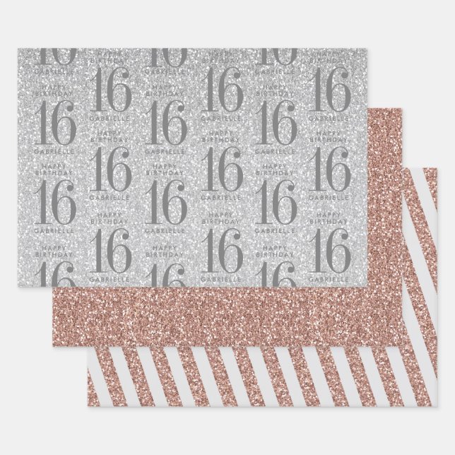 Rose Gold Silber Glitzer Sweet 16 Custom Pink Geschenkpapier Set (Set)