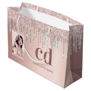 Rose Gold Silber Glitzer Tropfen Foto Monogramm Große Geschenktüte
