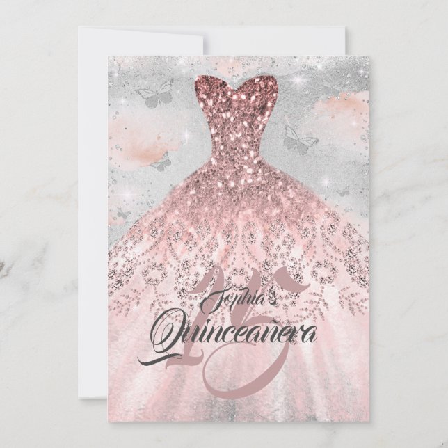 Rose Gold Silber Schmetterlingskleid Quinceanera Einladung (Rückseite)