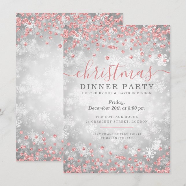 Rose Gold & Silber Weihnachten Glitzer Winter Wund Einladung (Vorne/Hinten)